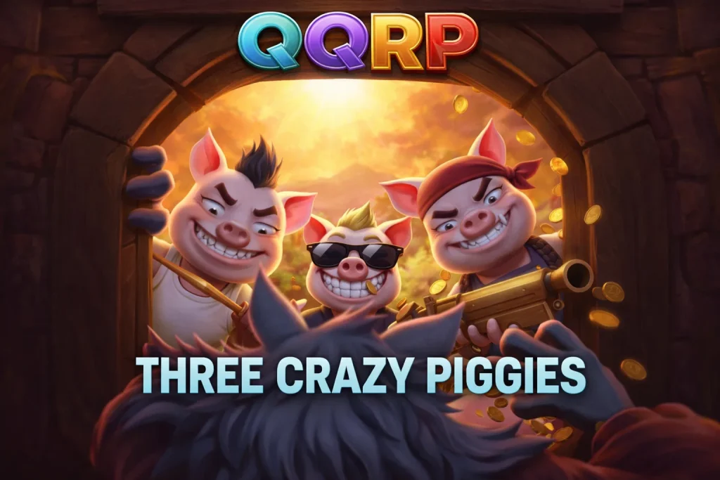 Ekspresi lucu tiga babi bersaudara saat membangun rumah mereka dalam permainan Three Crazy Piggies di platform QQRP.