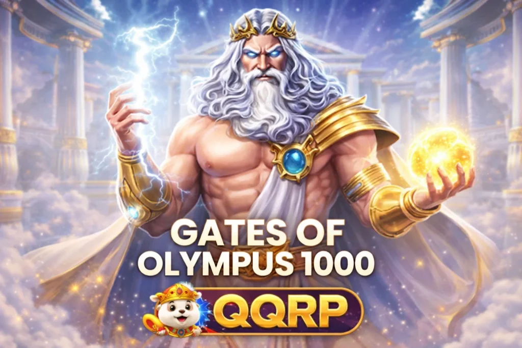 Animasi dramatis Zeus melemparkan petir dalam permainan Gates of Olympus 1000 yang diakses lancar melalui QQRP.